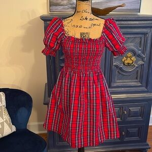 DRAPER JAMES RED BLUE PLAID TARTAN smocked puff sleeve holiday dress S sold out